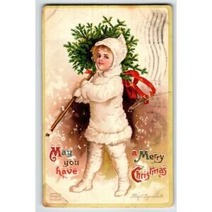 Christmas Postcard Ellen Clapsaddle Signed Snowsuit Child With X-mas Tree 1910